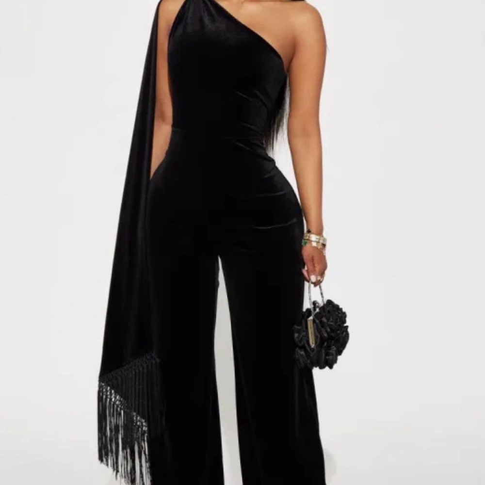 Fashion Nova Black One-Shoulder Jumpsuit with Fringe